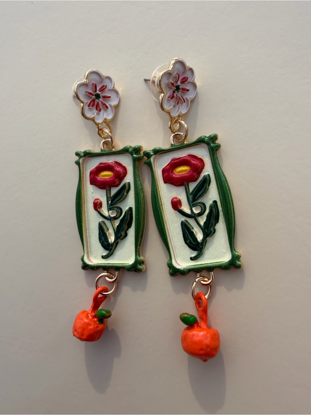 Hand-Painted Whimsical Floral & Fruit Statement Dangle Earrings